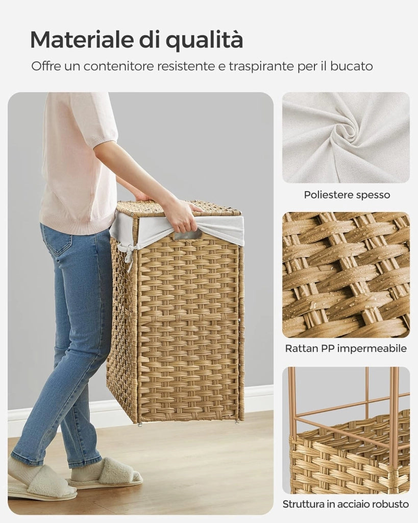 SONGMICS Cesto Portabiancheria con Coperchio, 140L, Cesta Biancheria in Rattan Sintetico con Ruote, 3 Scomparti, Sacco Rimovibile, Lavanderia Camera da Letto, 66 x 33 x 66 cm, Naturale LCB363N01