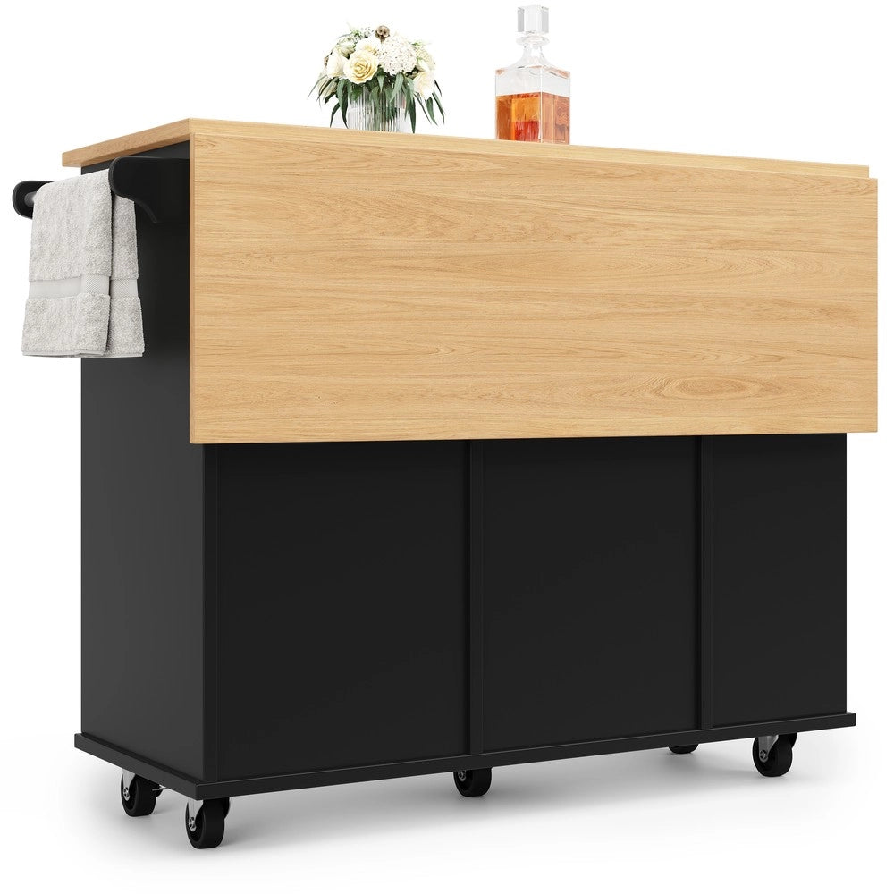 Isola Cucina con Ripiani e Portabottiglie ¨C Xylo ¨C Nero, Piano in Legno