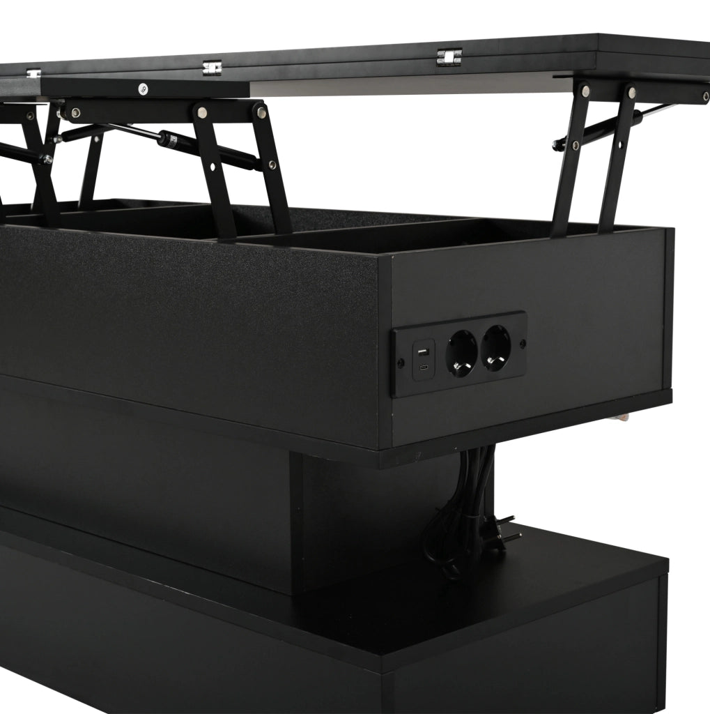 Tavolino da caffè elevabile 100 x 50 x 51;5 cm in pannello truciolare nero con LED e presa integrata
