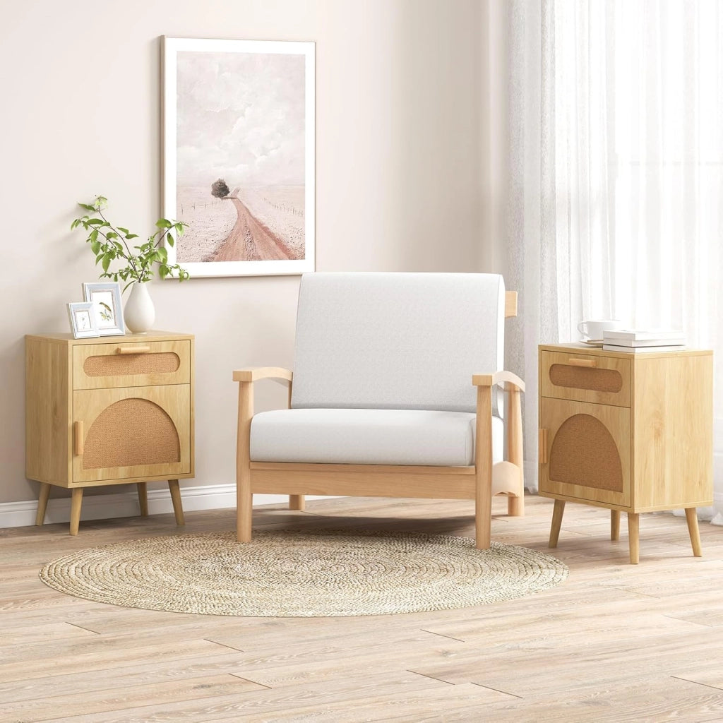 Comodino con Cassetto e Anta in Rattan, Comodino con Gambe in Legno Massello, Tavolo Supplemento per Camera da Letto Soggiorno, 45 x 30 x 61 cm, Naturale
