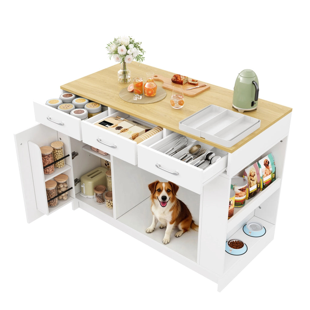 Isola da cucina con 3 cassetti e area per animali, 120 cm