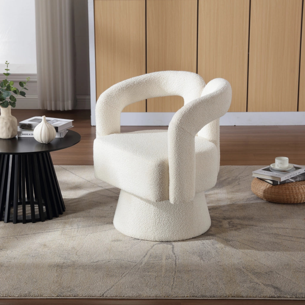 Poltrona Girevole 360° Imbottitura Ampia con Braccioli Arrotondati; Comfort Morbido; Base in Metallo; in Bouclé Beige