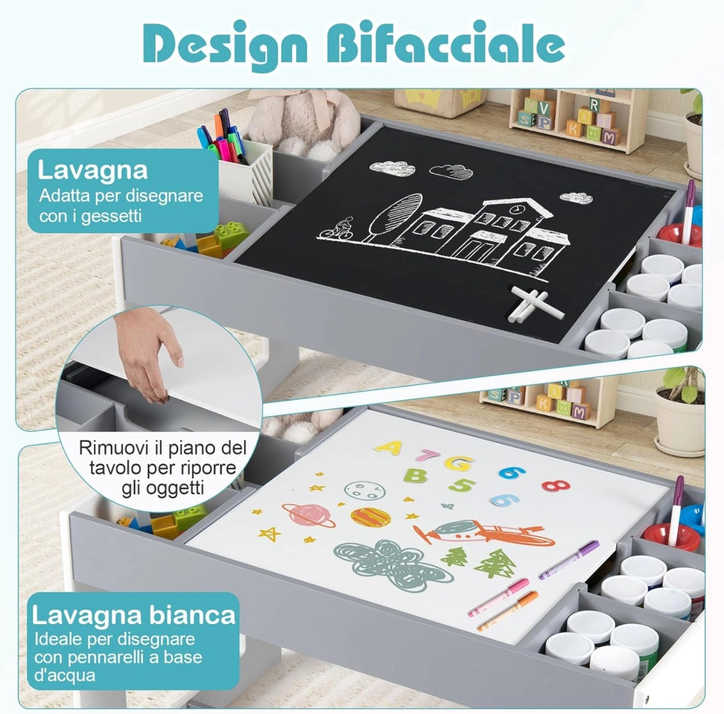 Set Tavolo Multifunzionale per Bambini e 2 Sedie, Tavolo e Sedie in Legno con Piano Doppio Rimovibile, Lavagna Nera & Lavagna Bianca, Compartimenti Laterali con Divisori Staccabili (Grigio)