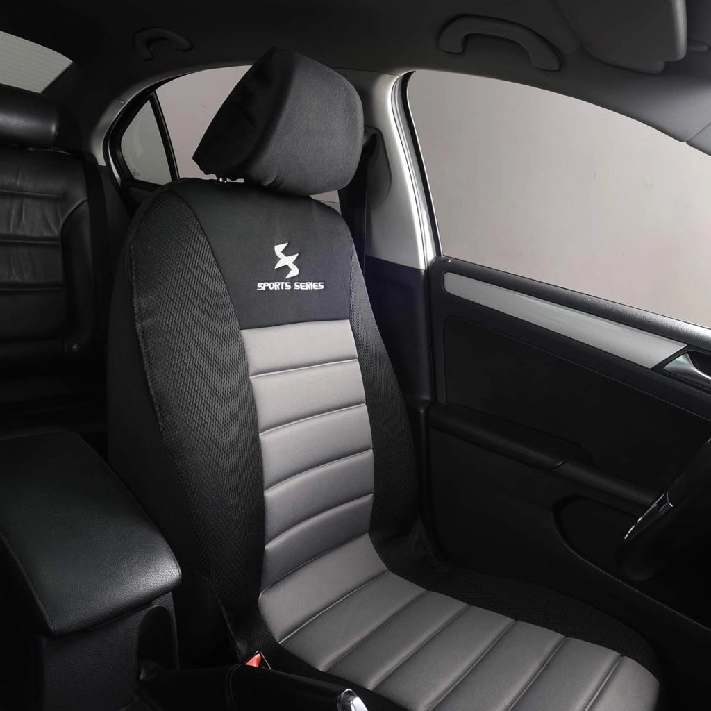 Set Coprisedili Anteriori Auto 2 Posti Seat Cover Protezioni Universali per Macchina Tessuto Poliestere Nero/Grigio