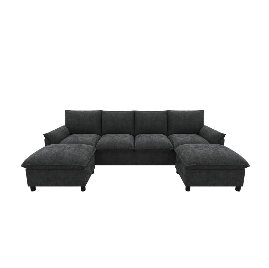 Divano in ciniglia nero con 2 pouf mobili; 264;5 x 142;5 x 84 cm
