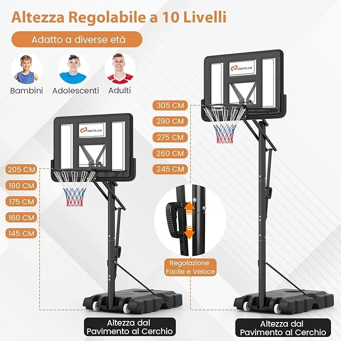 Canestro da Basket da Esterno, Canestro Basket Portatile e Regolabile in Altezza da 1,5 a 3 M con Tabellone in PC da 111 cm, Base Riempibile, Borsa per Pesi e Ruote