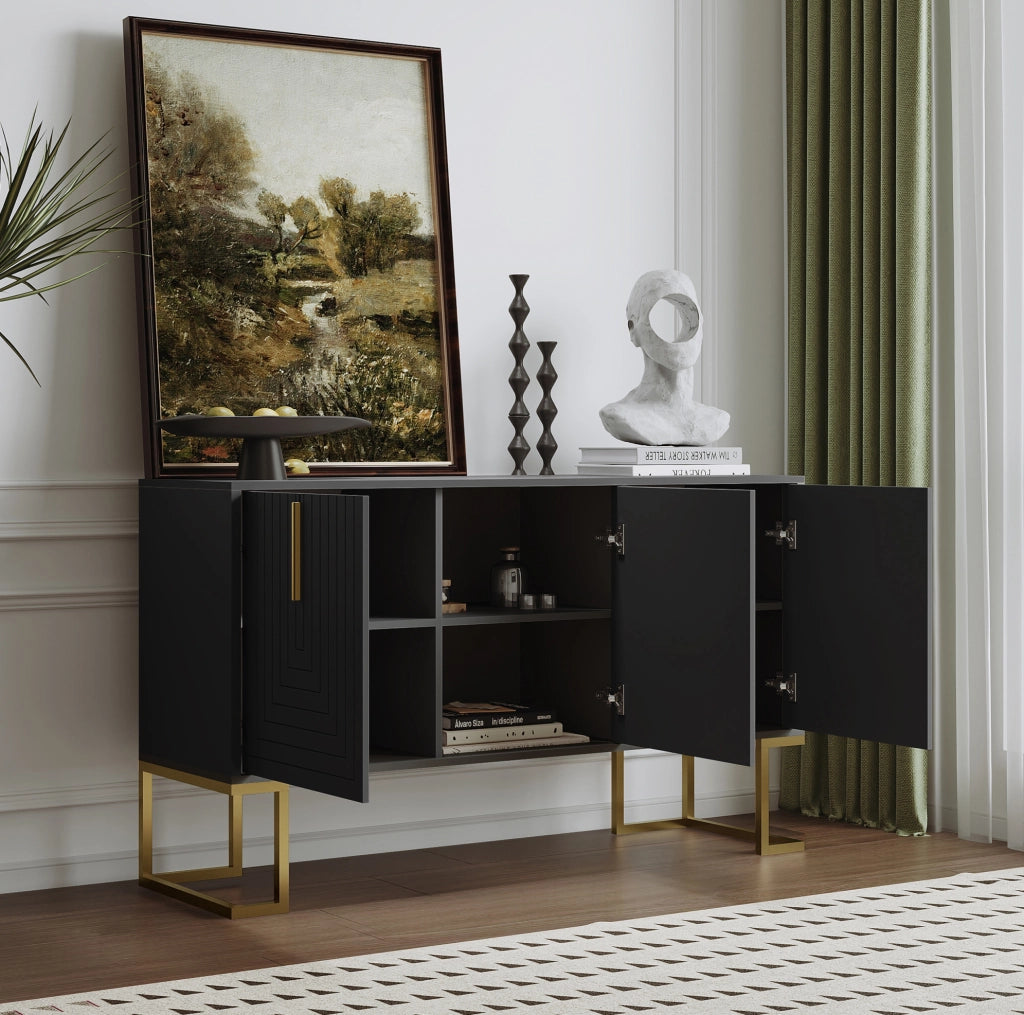 Credenza 3 ante con ripiani regolabili; struttura in MDF e base in metallo; nera