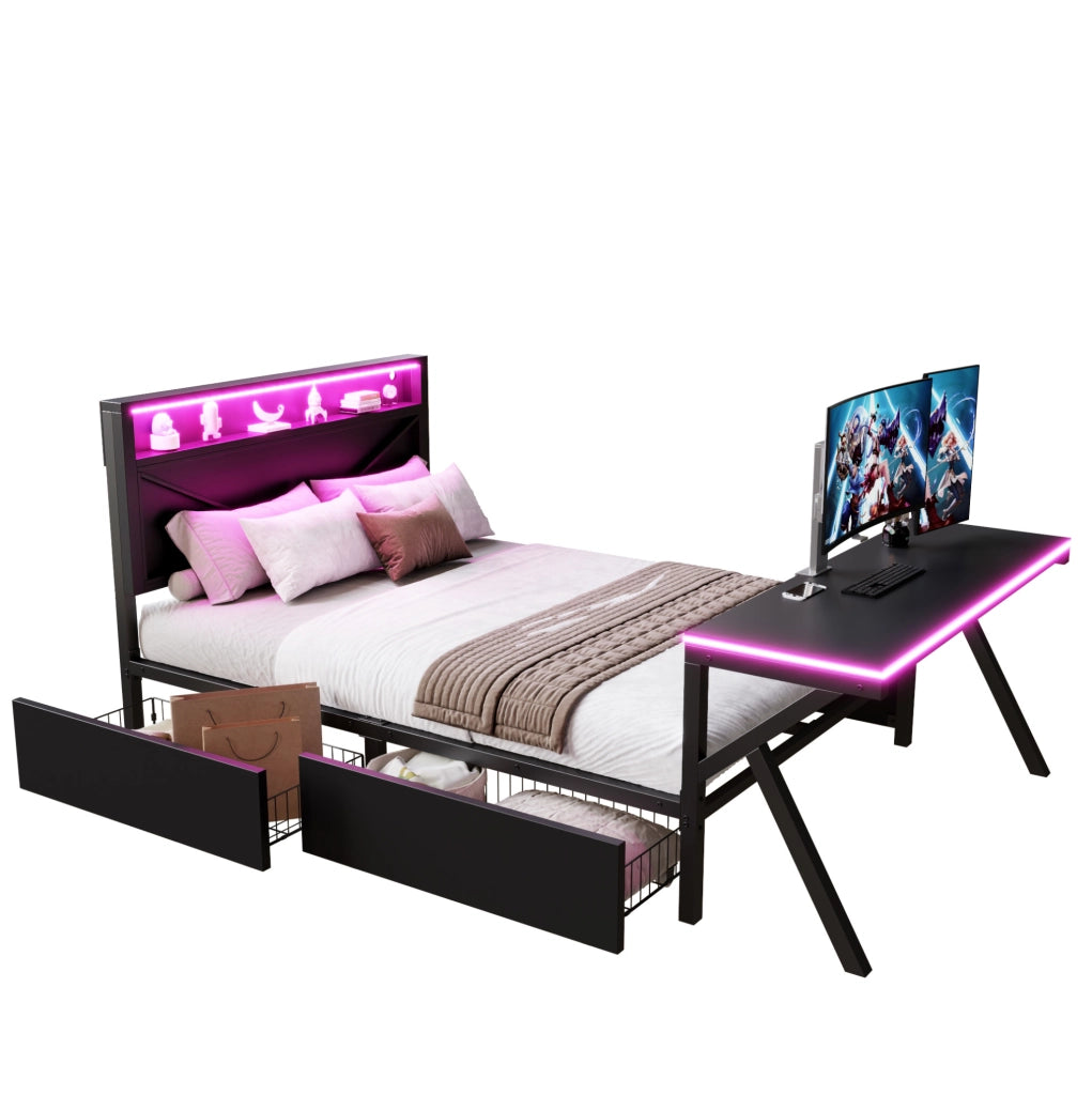 Letto piattaforma gaming con testiera LED e scrivania LED; 140x200 cm; nero