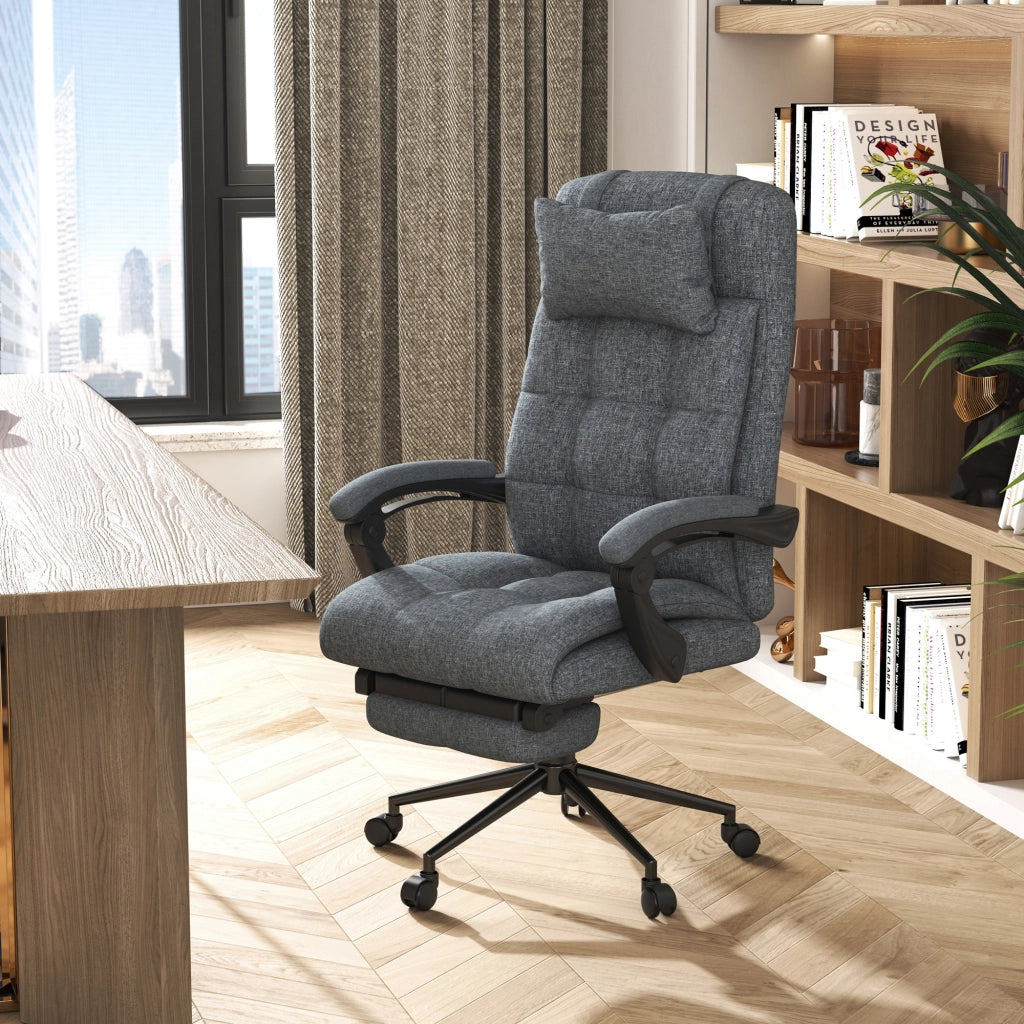Sedia da Ufficio Ergonomica Reclinabile, Sedia Direzionale con Schiena Alta, Poltrona Ufficio con Poggiatesta e Poggiapiedi Estraibile, 66x76x112-120cm, Grigio