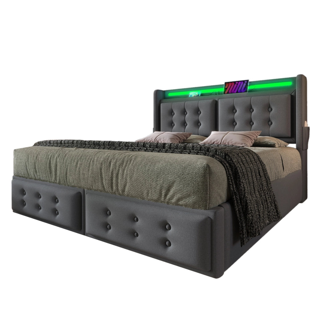 Letto matrimoniale 160x200 cm imbottito con LED; prese di ricarica; 4 cassetti; grigio