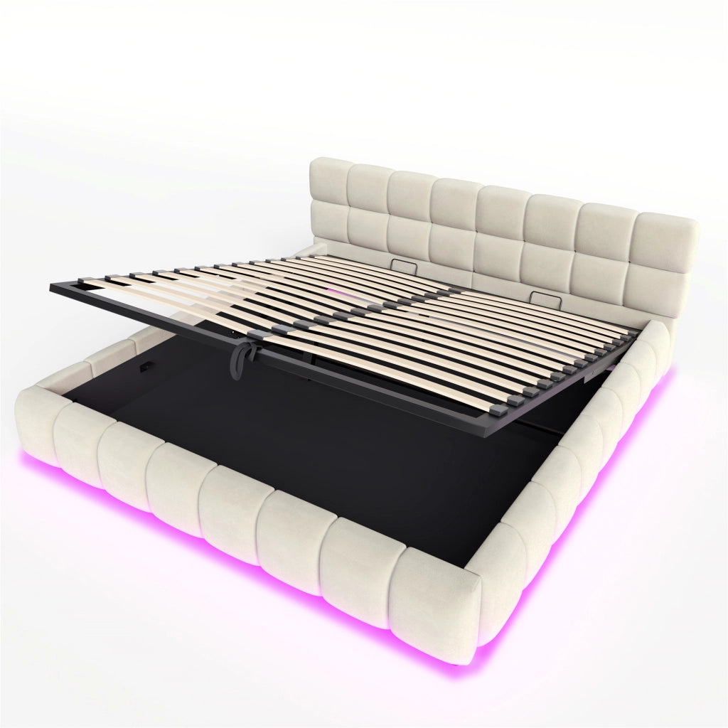 Letto Contenitore Matrimoniale 180 x 200 cm; con LED e Velluto Beige