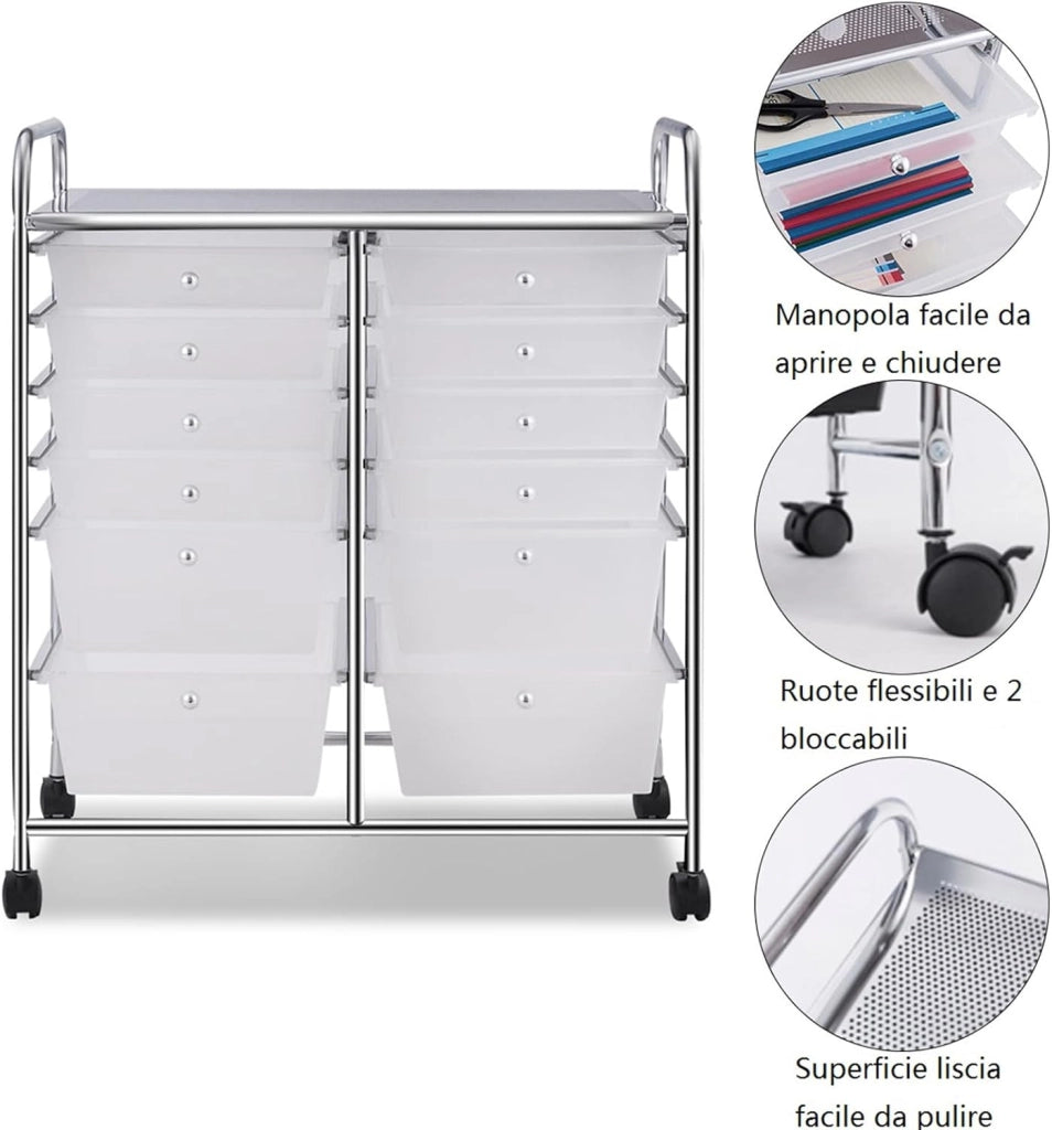 Carrello con 12 Cassetti con Ruote, Carrello di Stoccaggio Multiuso con Ampio Spazio di Archiviazione, Ideale per Casa Ufficio Domestico, 73,5 x 37 x 63 cm (Trasparente)