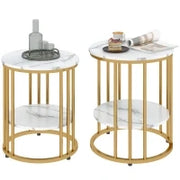 Set di 2 tavolini bassi rotondi tavoli da salotto effetto marmo con scaffale aperto e struttura in acciaio oro