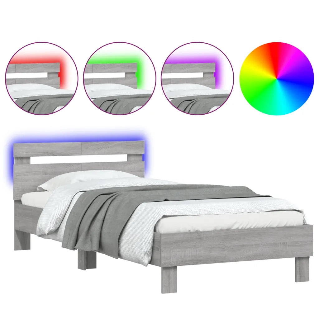 Letto singolo | Letto per adulti | Giroletto con Testiera e LED Grigio Sonoma 100x200 cm