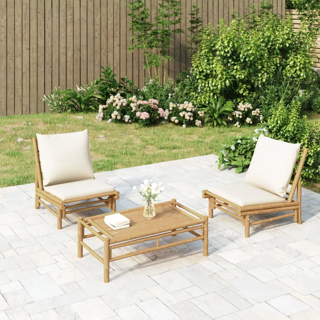 Set Salotto da Giardino 3pz | Set di Mobili da Esterno con Cuscini Bianco Crema in Bamb¨´