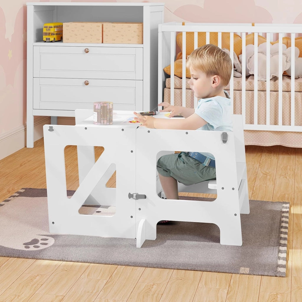 3 in 1 Torre Montessoriana, Scala Montessoriana di Apprendimento, Trasformabile, con Lavagna, Barra Sicurezza, per Bambini di Età Superiore ai 12 Mesi, Bianco