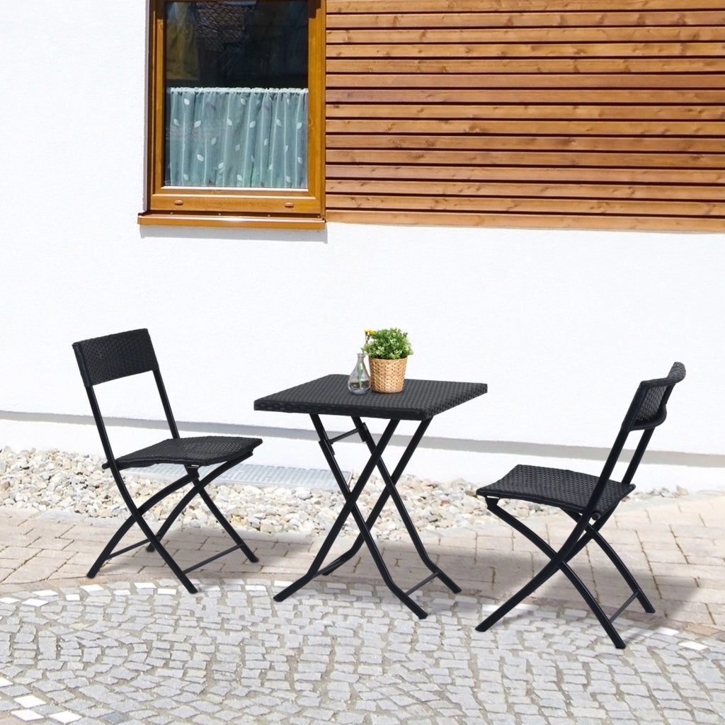 EasyComfort Set da Giardino Pieghevole da 3 Pezzi in Rattan PE e Metallo, Set 2 Sedie e Tavolino da Caffè, Protezione dai Raggi UV, Set di Mobili da Balcone, per Patio e Cortile, Nero