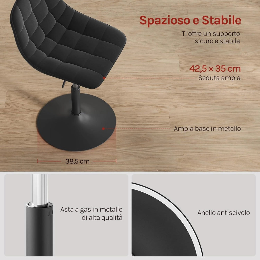 Sgabello da trucco Sedia Alta da Cucina sgabello cucina con Schienale Altezza Regolabile Girevole 360° in Velluto Nero, 38-49.5cm, BH300sz-1