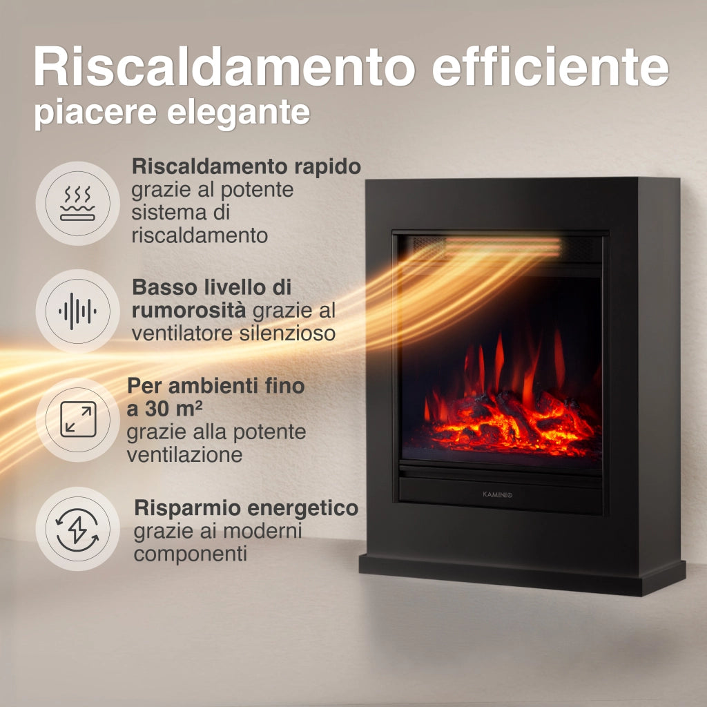 KAMINIO Camino elettrico KALLE - Caminetto elettrico a pavimento con riscaldamento, effetto fiamma 3D, telecomando - Nero