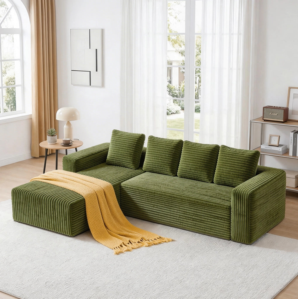 Divano modulare a L reversibile 261x168x58 cm in corduroy verde