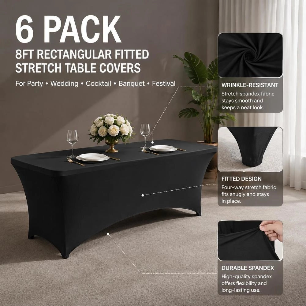 6 Pack Table Cloth For 8FT Rectangular Fitted Events, Wrinkle-Resistant Stretch Black Table Covers, Washable Spandex Tablecloth Protector, For Party, Wedding, Cocktail, Banquet, Festival