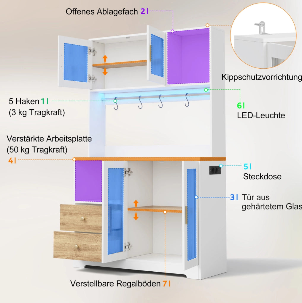 Armadio cucina con vetrina LED RGB, prese USB e portabottiglie