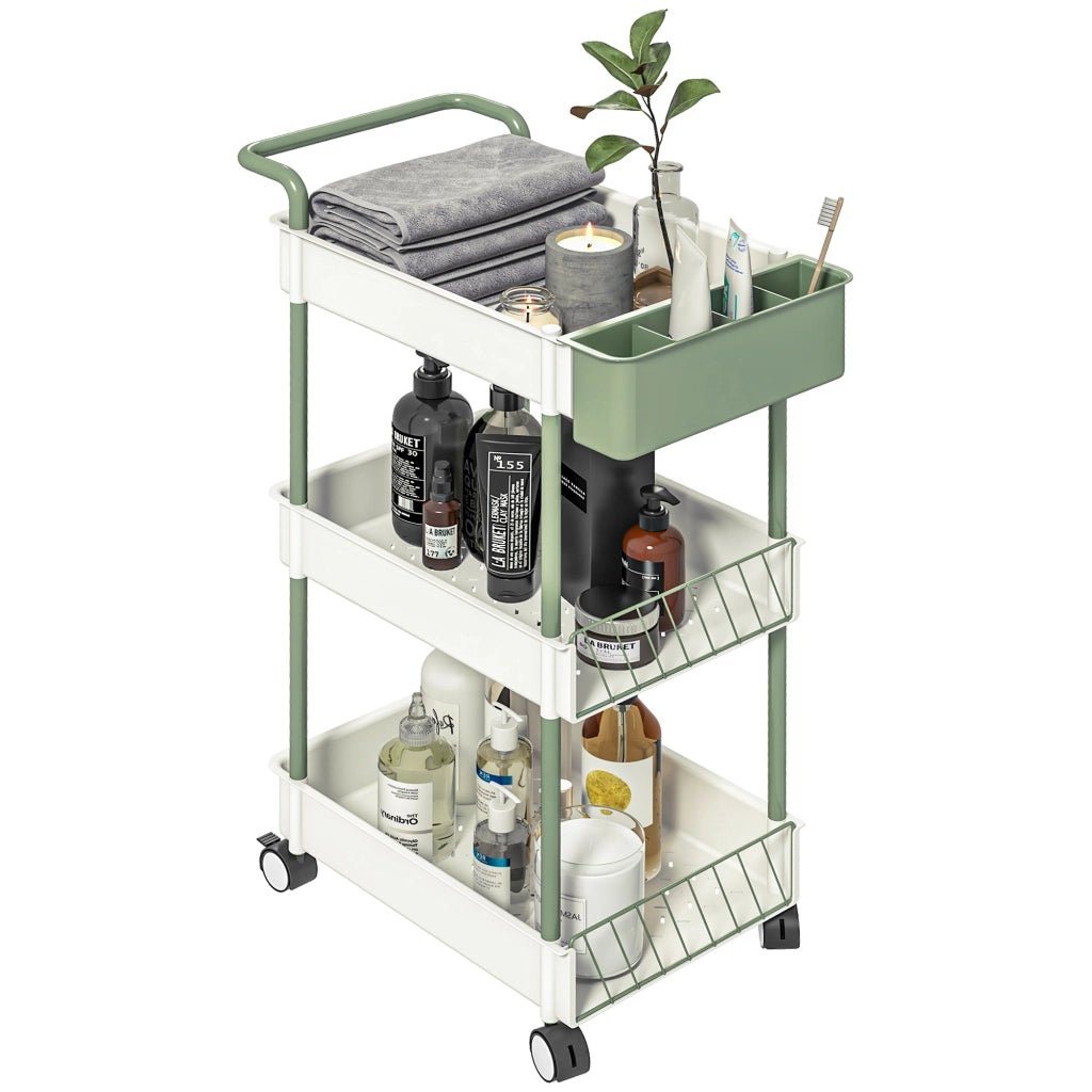 Carrello 3 Ripiani con Cesto Appendibile ¨C zephmum ¨C Bianco Metallo 50x30x77 cm