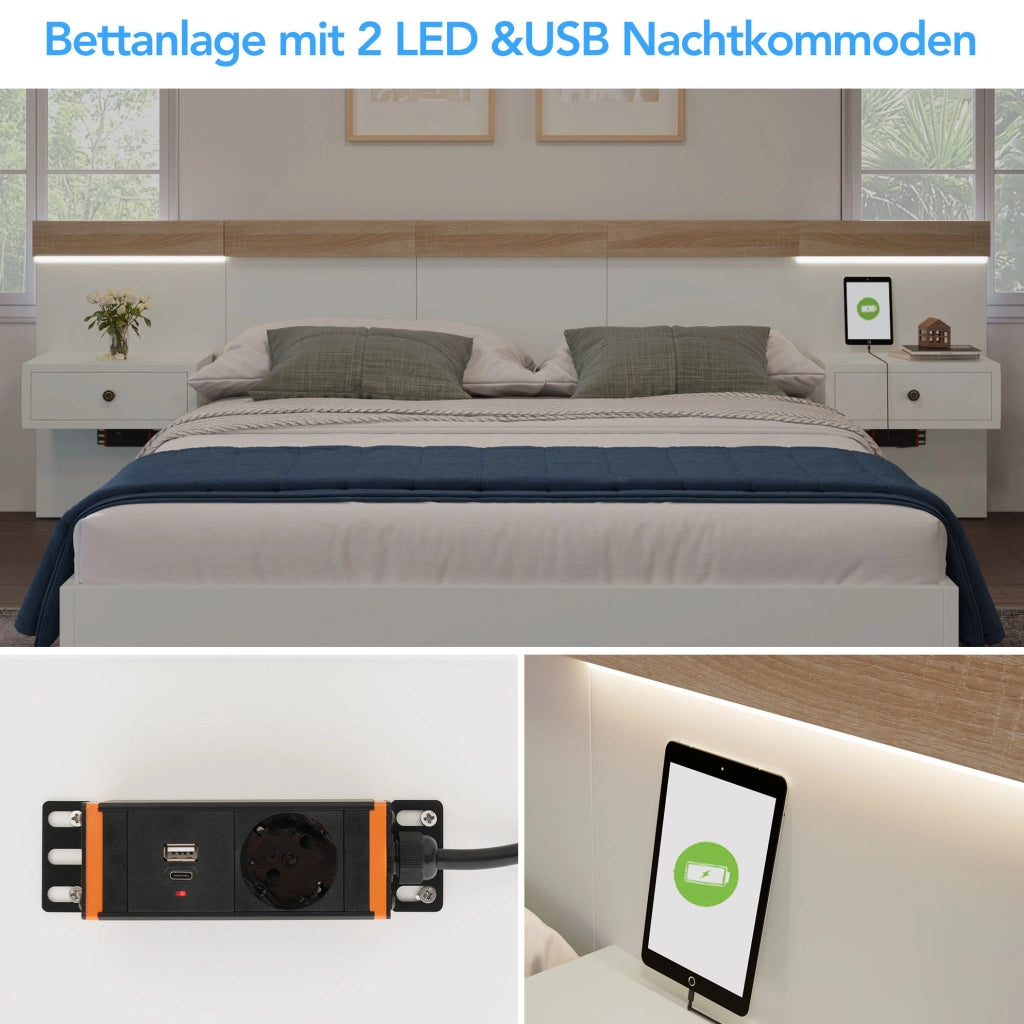 Letto matrimoniale 160x200 cm con 2 comodini LED; USB e USB-C; rovere Sonoma e bianco