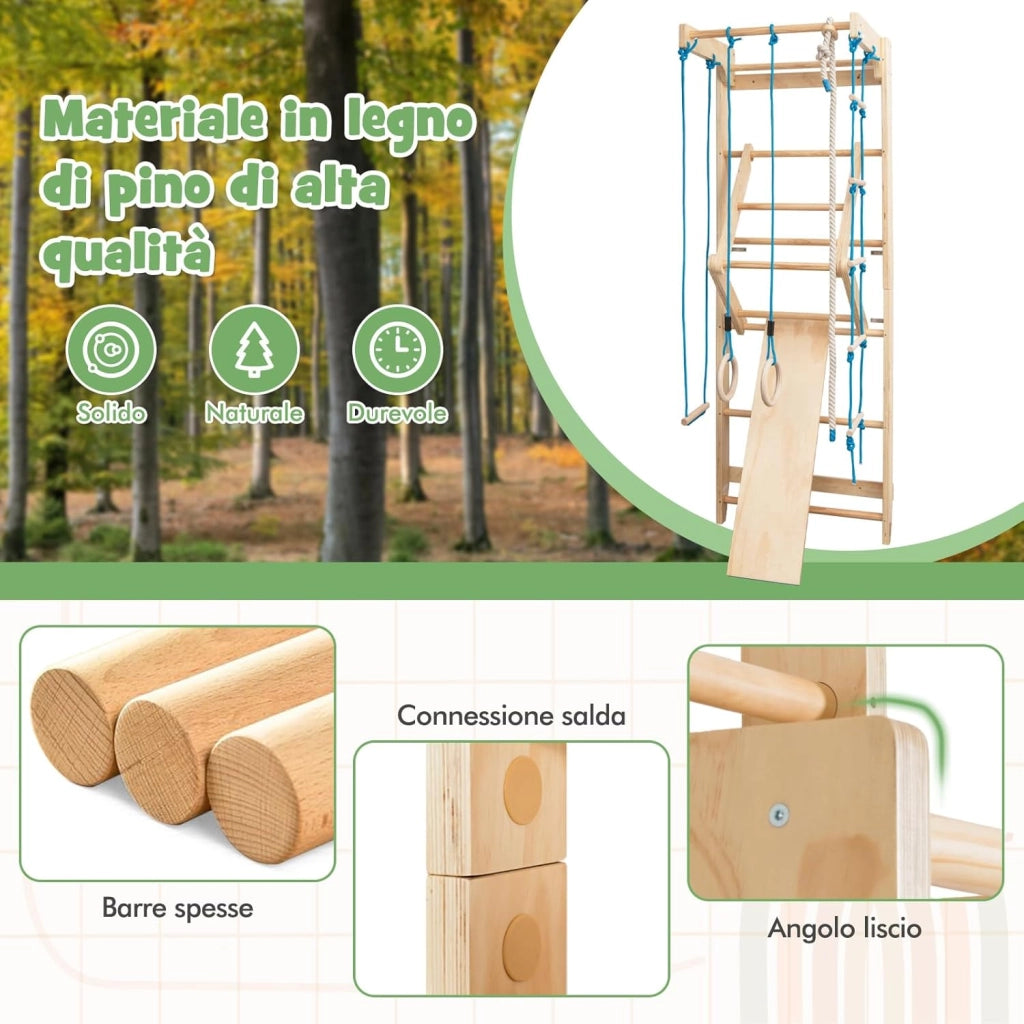Spalliera Svedese Adulti e Bambini, Scala Svedese in Legno a 10 Gradini con Vari Accessori, Spalliera Palestra e Casa Multifunzionale, Carico Massimo 100 kg, 220 x 80 x 60 cm
