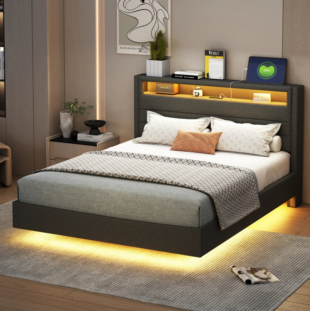 Letto matrimoniale imbottito 140x200 cm; USB e LED; testiera reversibile; tessuto grigio (Senza materasso)