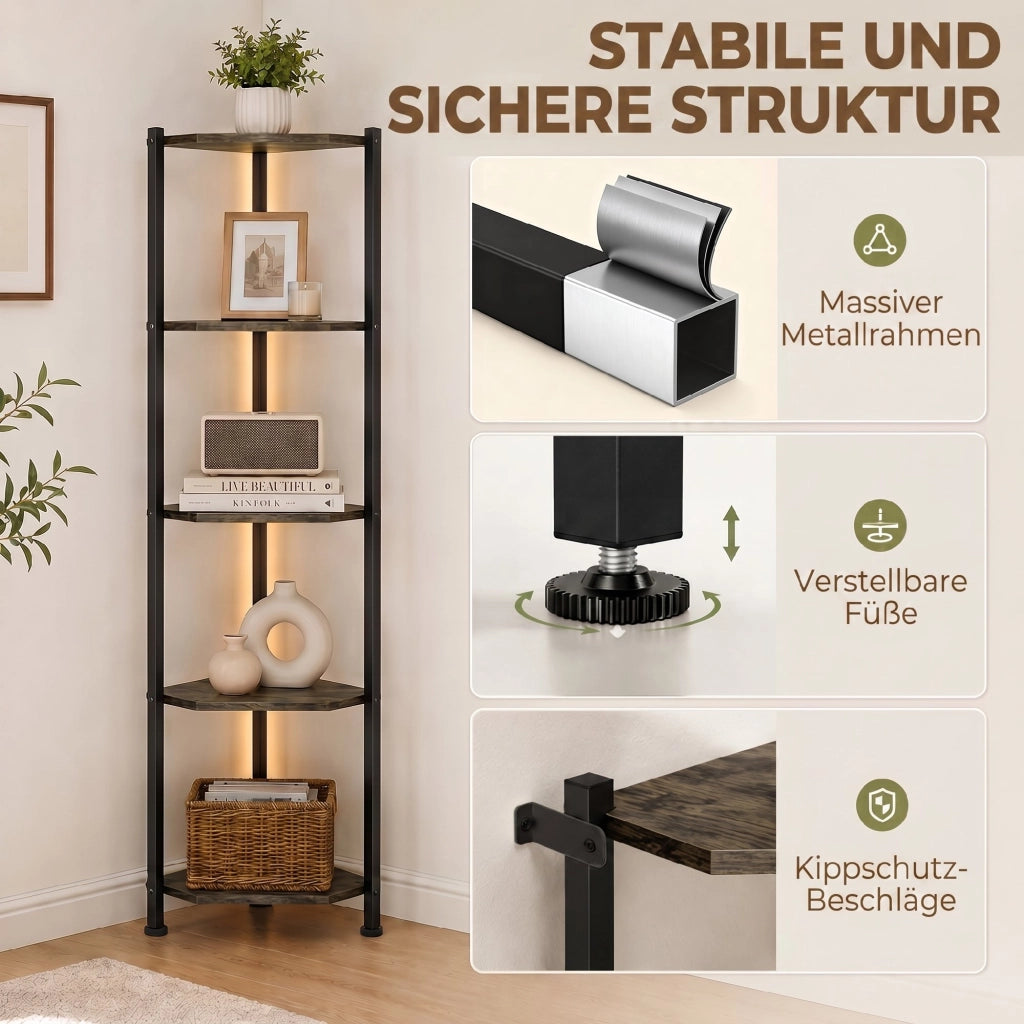 Libreria angolare 5 livelli con LED ¨C zephmum ¨C Rustico Marrone 100x30x200