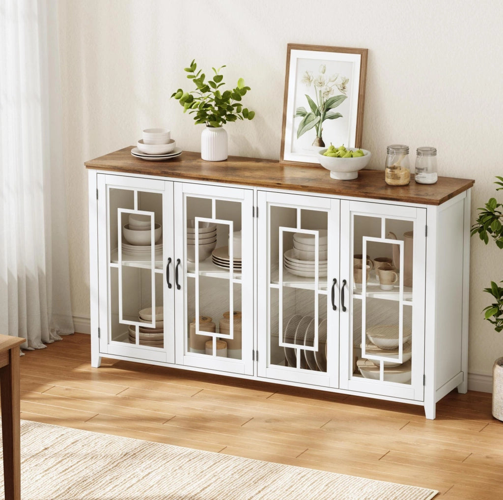 Sideboard da cucina largo 160 cm con ante in vetro e piano effetto legno