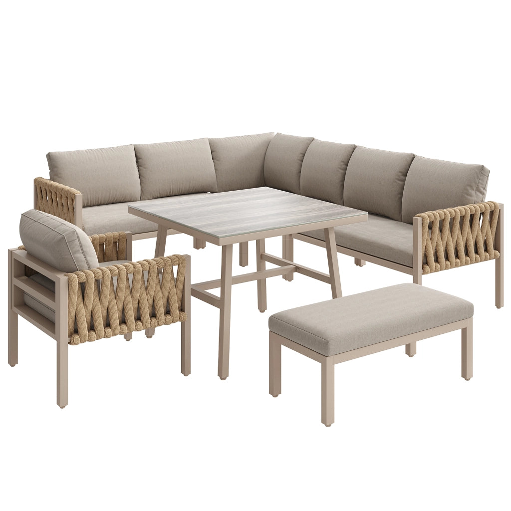 Set mobili giardino: corda intrecciata + Divanooo angolare; ferro zincato; tavolo vetro; cuscini inclusi; beige