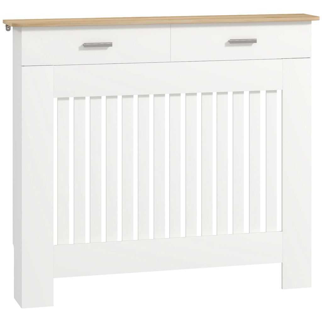 Copritermosifone a Doghe Antiribaltamento 112x19x97 cm con Vano Contenitore in Legno Bianco