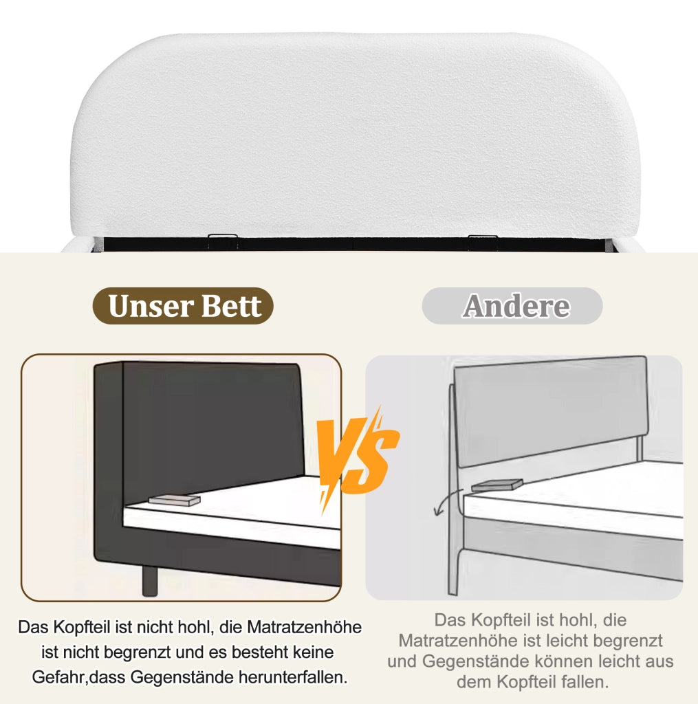 Letto imbottito con contenitore idraulico in bouclé beige