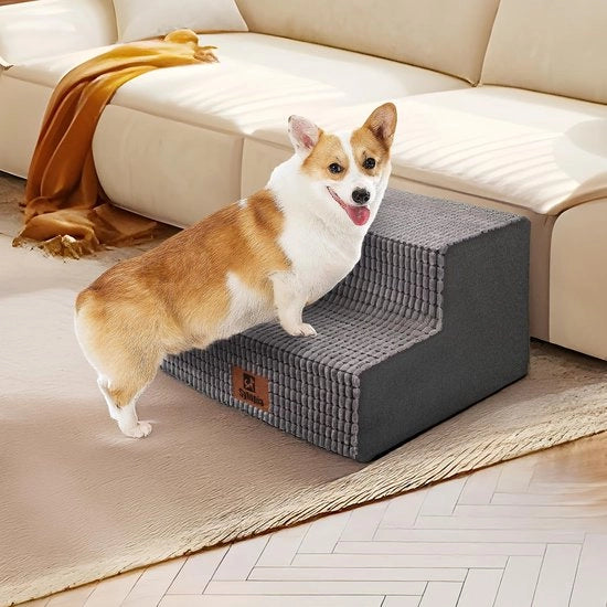 Trappola per cani per piccoli cani, 2 gradini, trappola per letto e divano, 40cm alto, lavabile, trappola in schiuma, per cani anziani o feriti (34cm alto, grigio)