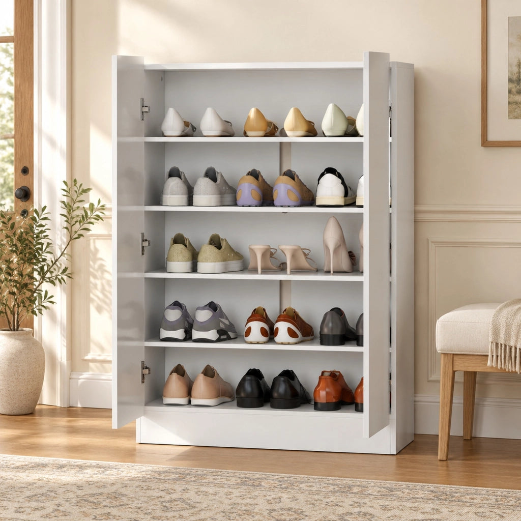 Scarpiera bianca a 5 livelli con ante soft-close e ventilazione