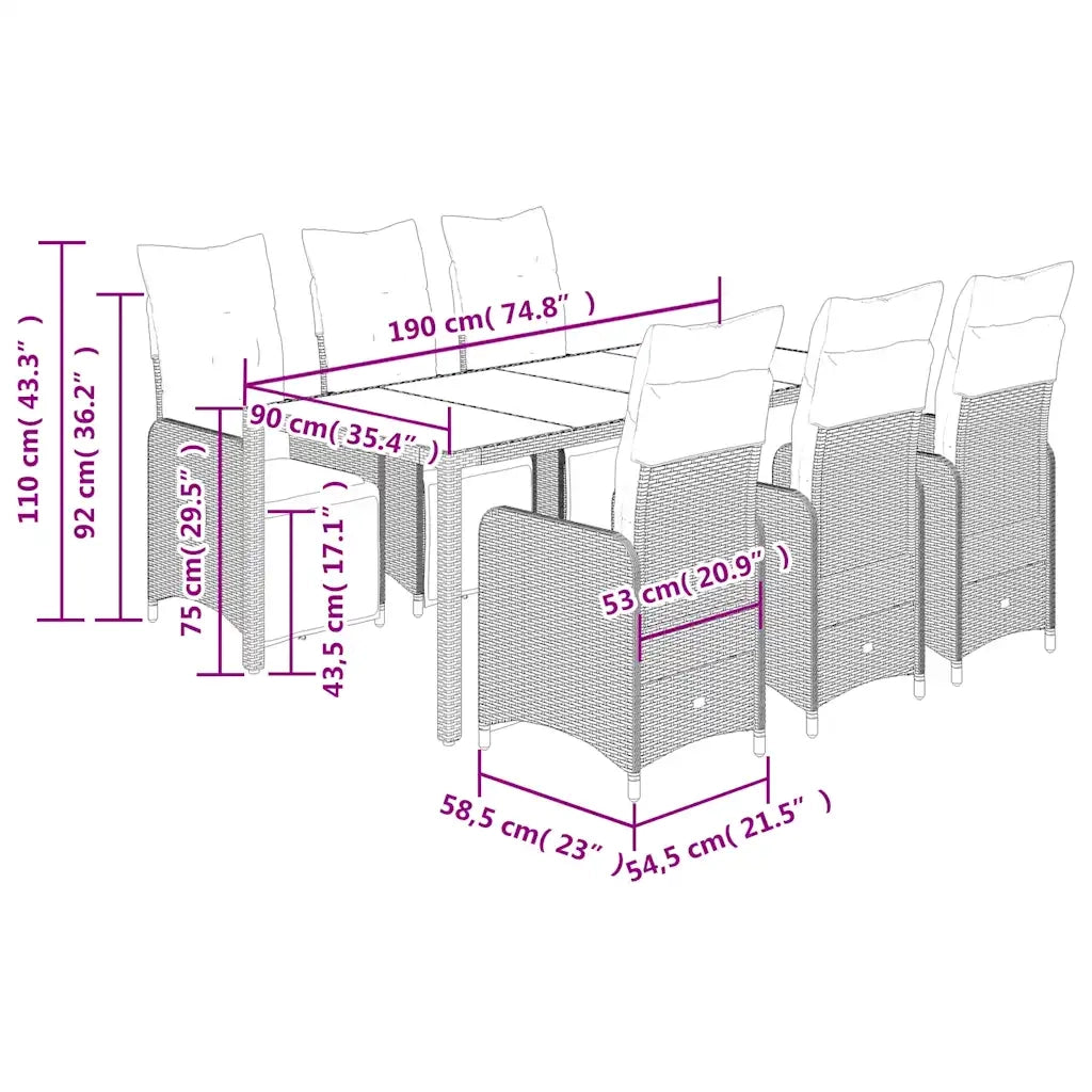 Set BistrÃ² da Giardino 7 pz con Cuscini in Polyrattan Marrone
