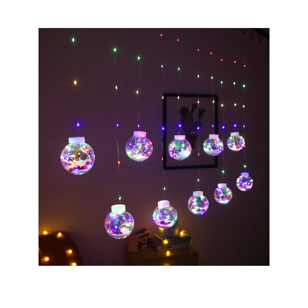 Trade Shop - Tenda Luminosa 10 Palline Di Natale 3 Metri Con Neve Luce Led Calda Fredda Rgb -