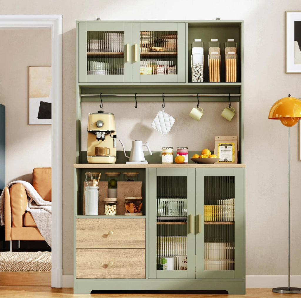 Credenza alta 110x40x178 cm con LED; prese USB; vetri temperati; MDF; verde antico