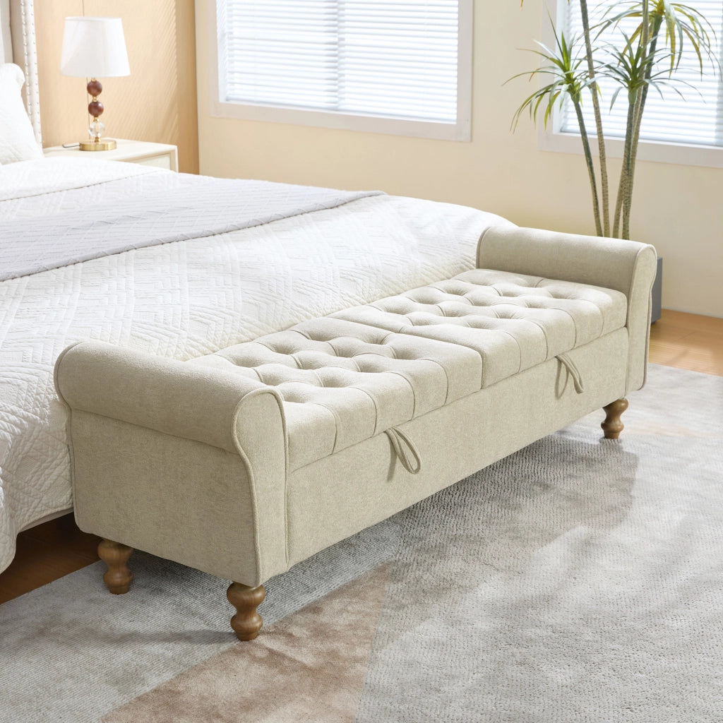 Banca contenitore con doppio coperchio e seduta in chenille con gambe in legno massiccio greige 134,5 × 30,0 × 49,0 cm