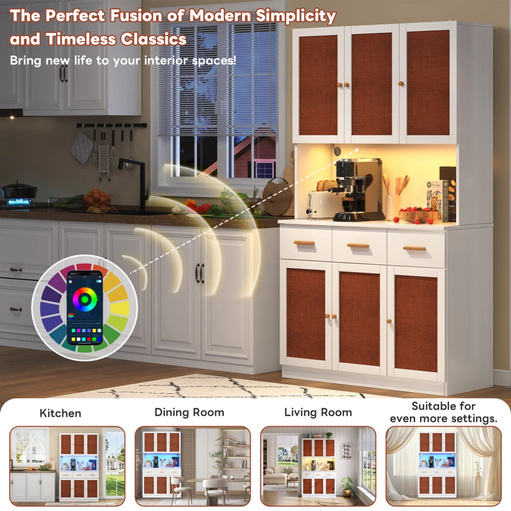 Credenza da cucina con LED e presa elettrica in MDF bianco con ante in tessuto e ripiani regolabili 105 × 43 × 182 cm