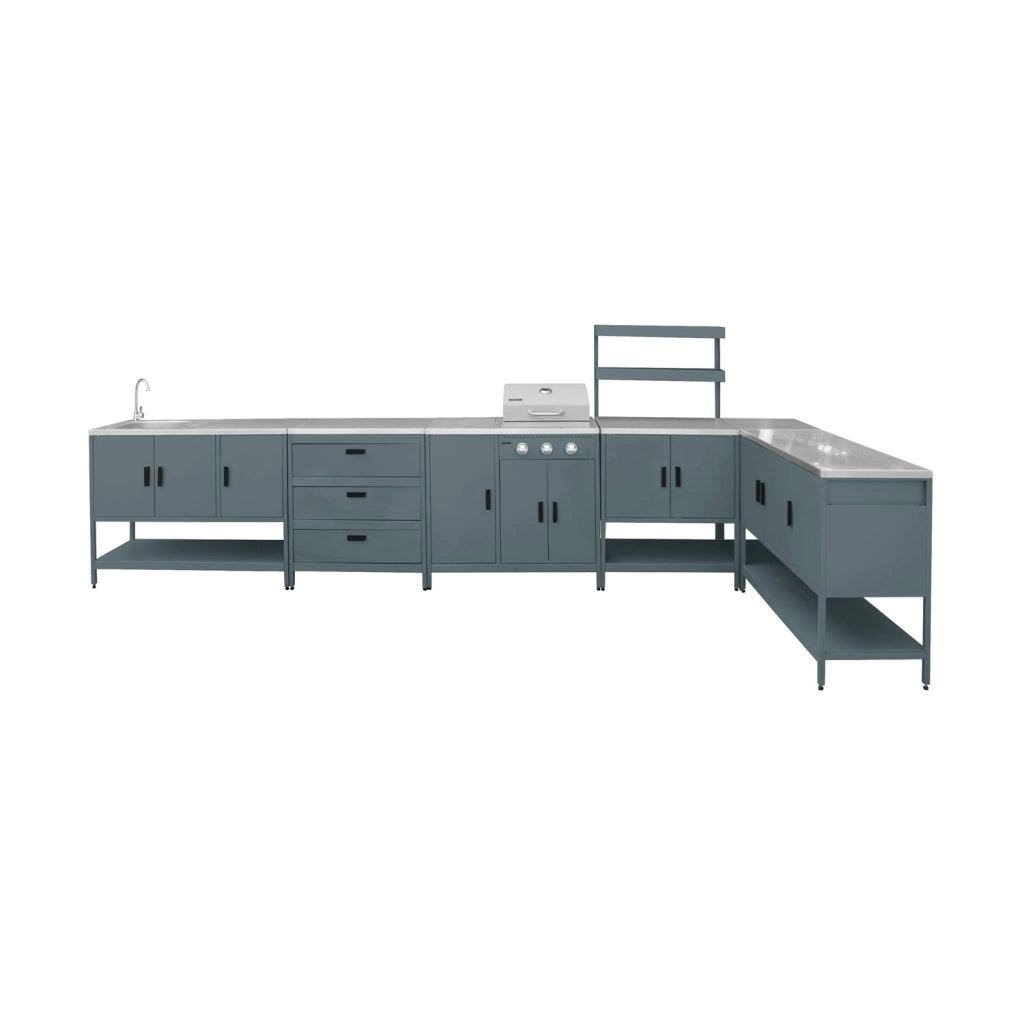 Cucina esterna 5 moduli con barbecue a gas 3 bruciatori, blu grigio