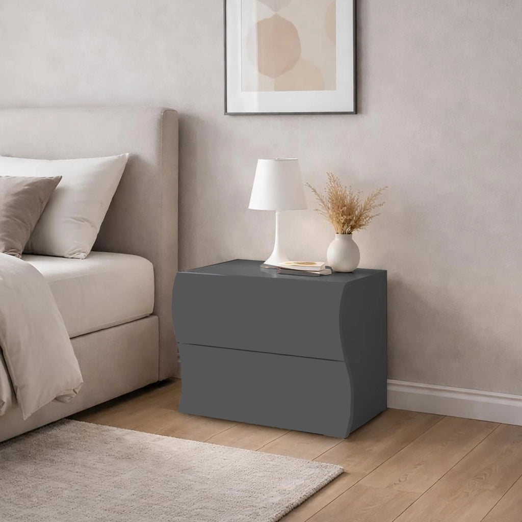 Comodino 2 Cassetti Onda 50x40x41,3 cm Finitura in Melamina Antracite Opaco