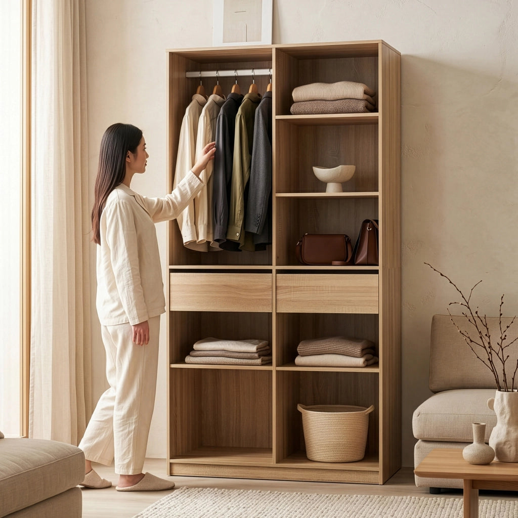 Armadio Aperto Vippsaki Guradaroba con Barra Appendiabiti 7 Scomparti e 2 Cassetti 200 x 100 x 50 cm - Effetto Rovere [en.casa]