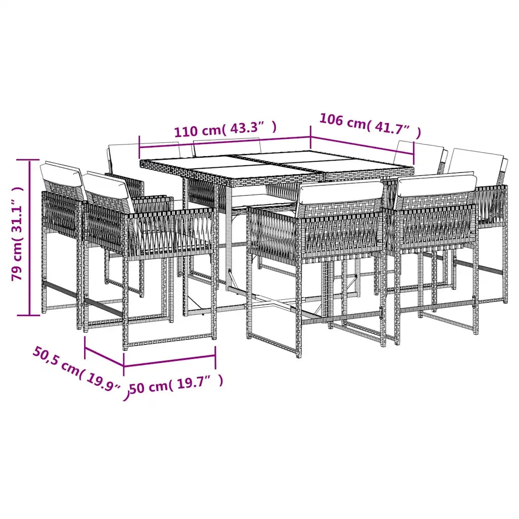 Set Pranzo da Giardino 9 pz con Cuscini Beige Misto Polyrattan