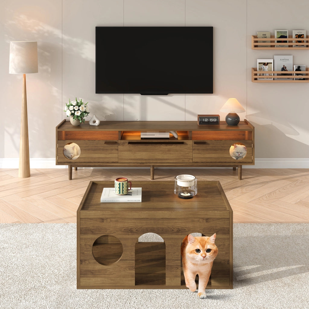 Mobile TV con LED e Spazio Gatto ¨C MINIMAL ¨C Noce, Vetro, 1 Cassetto, 180x40x50 cm