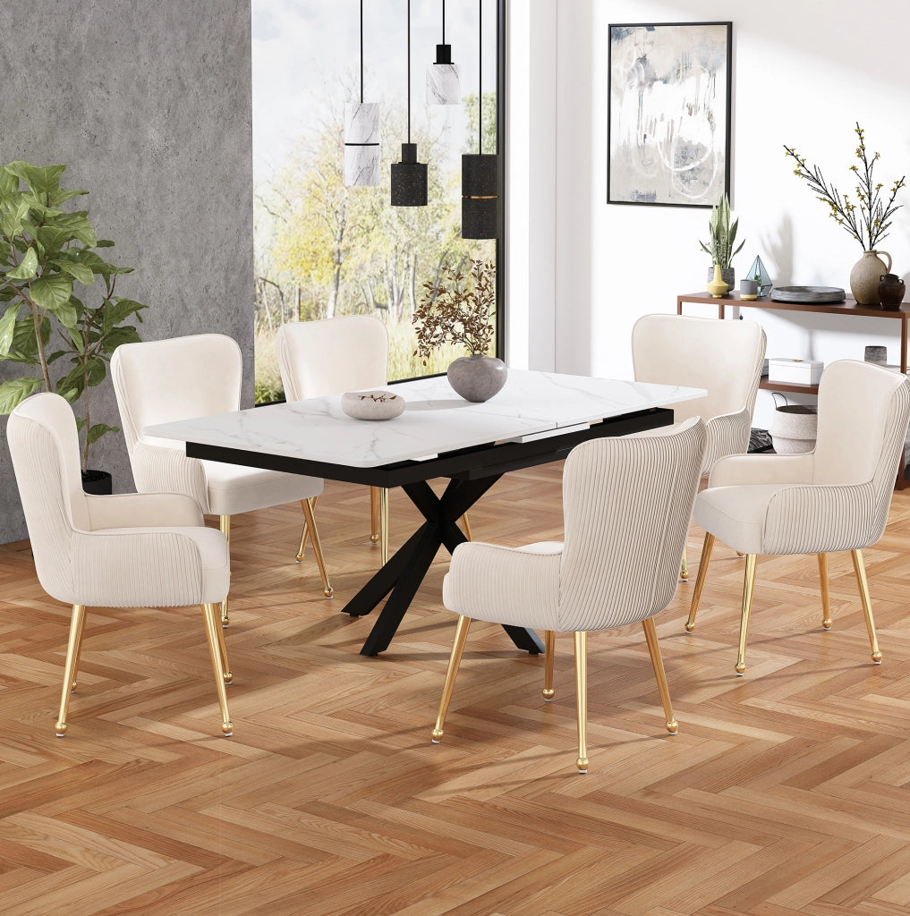 Set 2 sedie da pranzo in velluto beige e oro con braccioli; schienale trapuntato e piedi regolabili