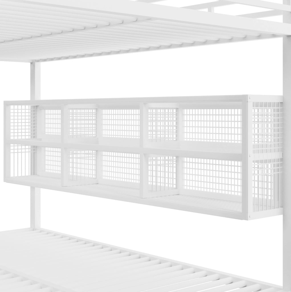Letto a castello 140x200 cm in metallo bianco con 6 armadietti e LED