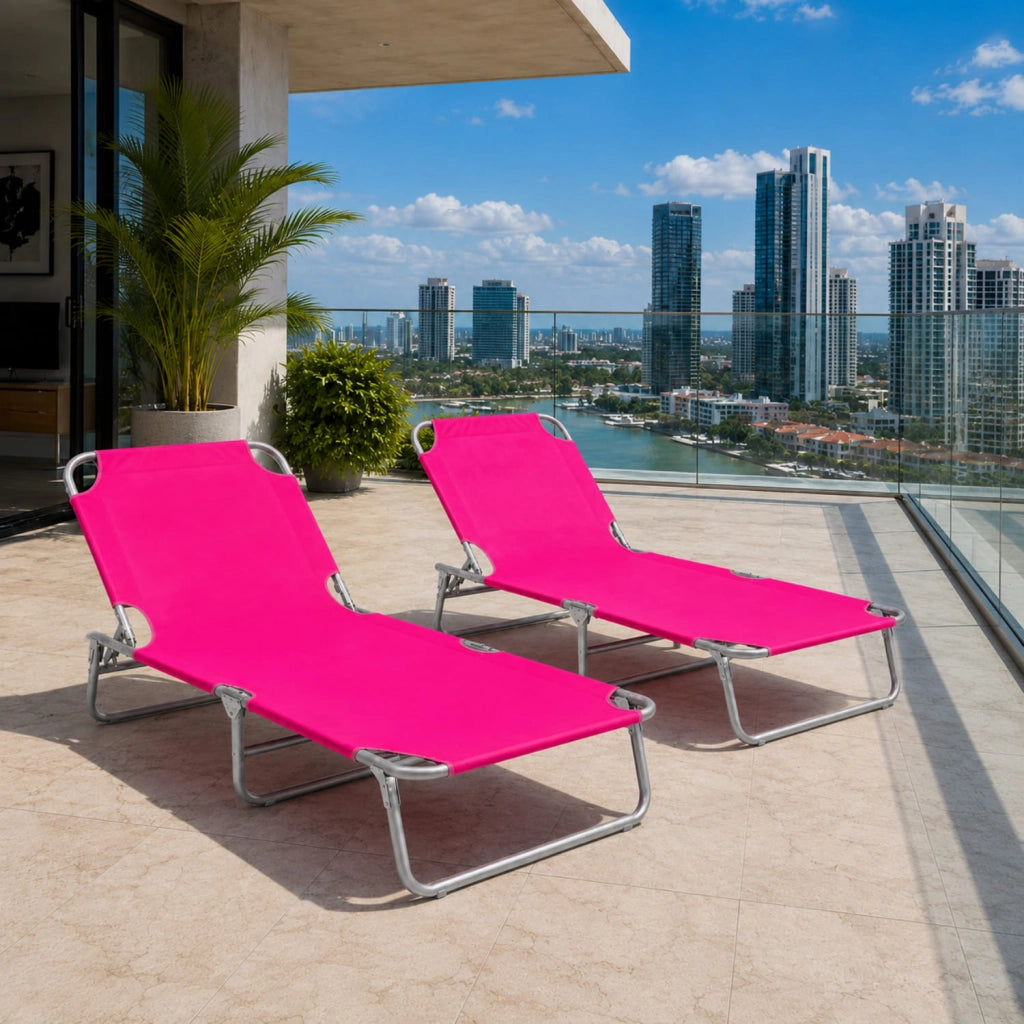 Coppia Di Sedie Sdraio Pieghevoli Prendisole Schienale Regolabile Reclinabile Struttura In Metallo Per Spiaggia Giardino Mare Piscina Senza Tettuccio 187 x 53 x 24 Cm Rosa